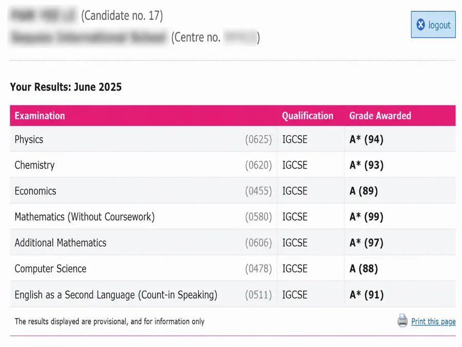 IGCSE exam result