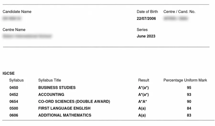 IGCSE exam result
